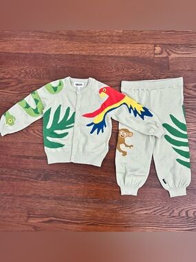 Molo Light Green Knit Parrot & Monkey Two-Piece Set - Brand New